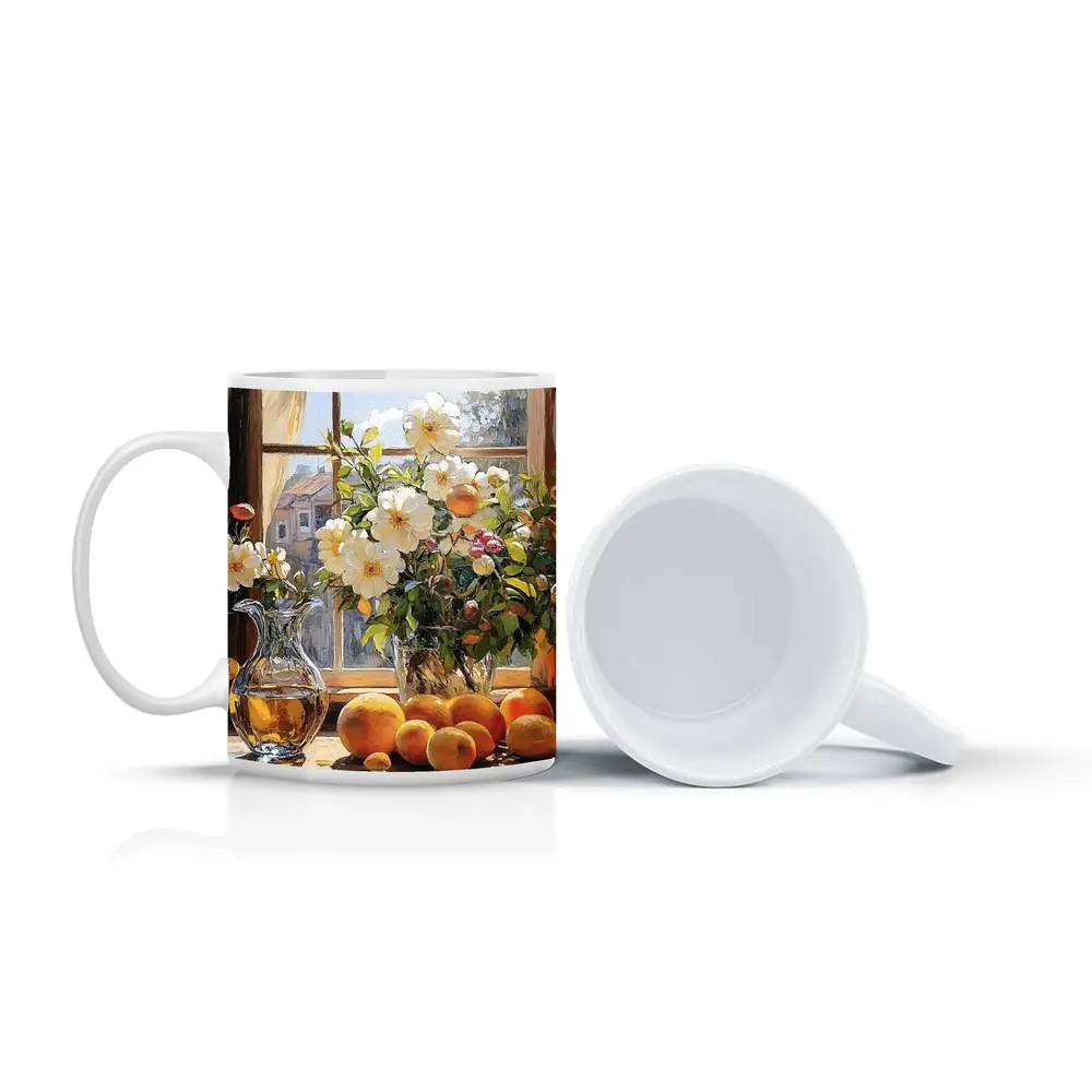 White Flowers Oranges Crystal Vase Window – Mugs