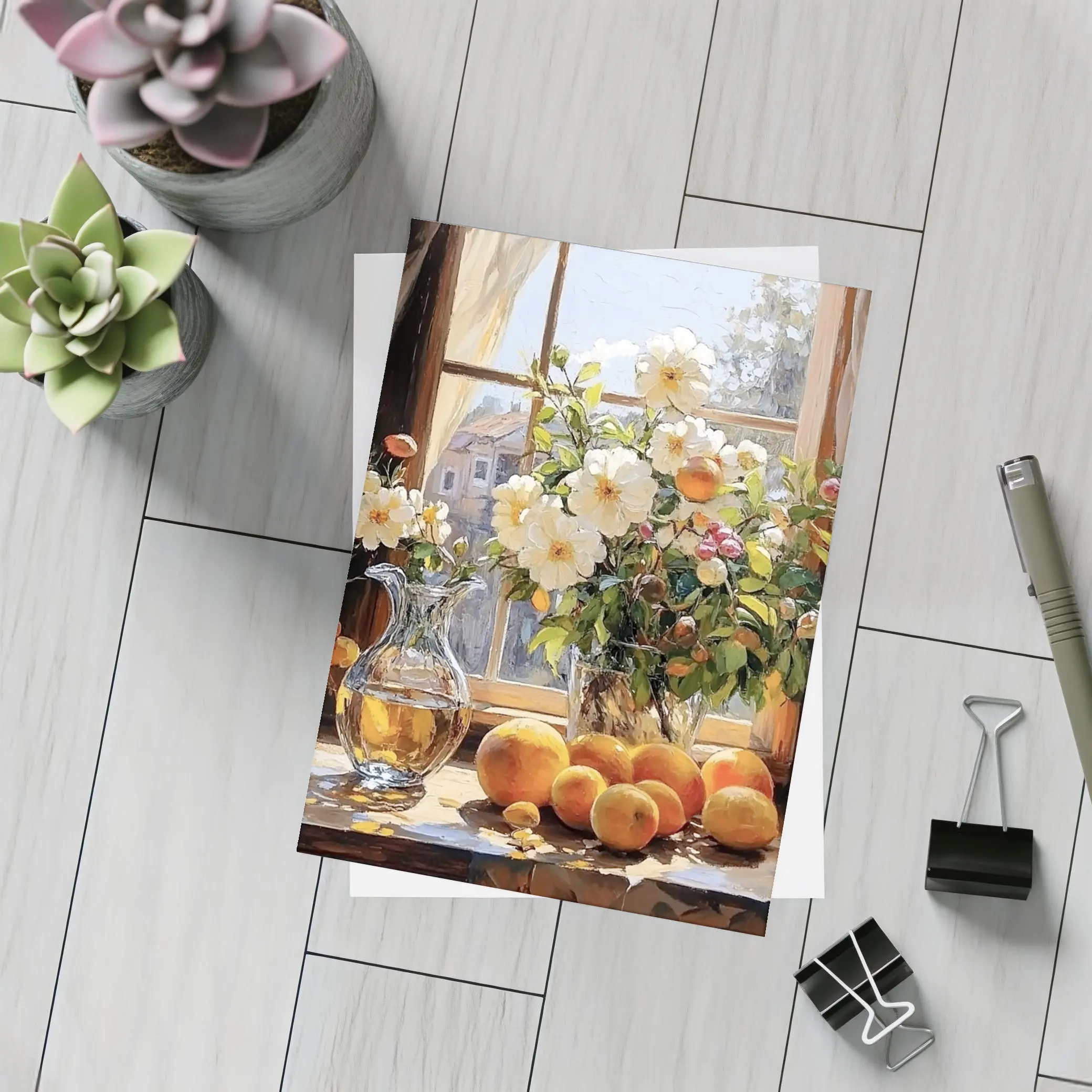 White Flowers Oranges Crystal Vase Window – Postcards