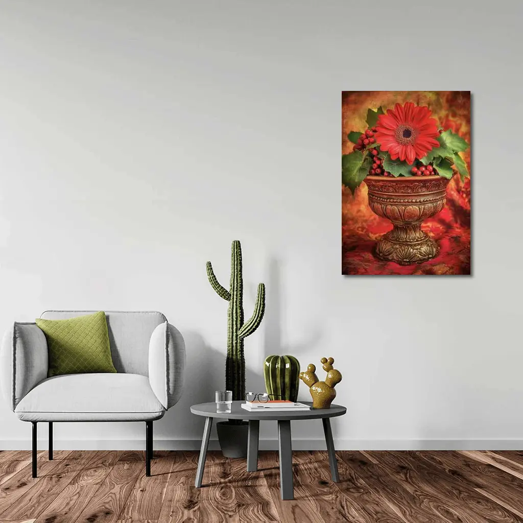 Red Gerbera Daisy Holly Berry Ornate Vase – Wall Art