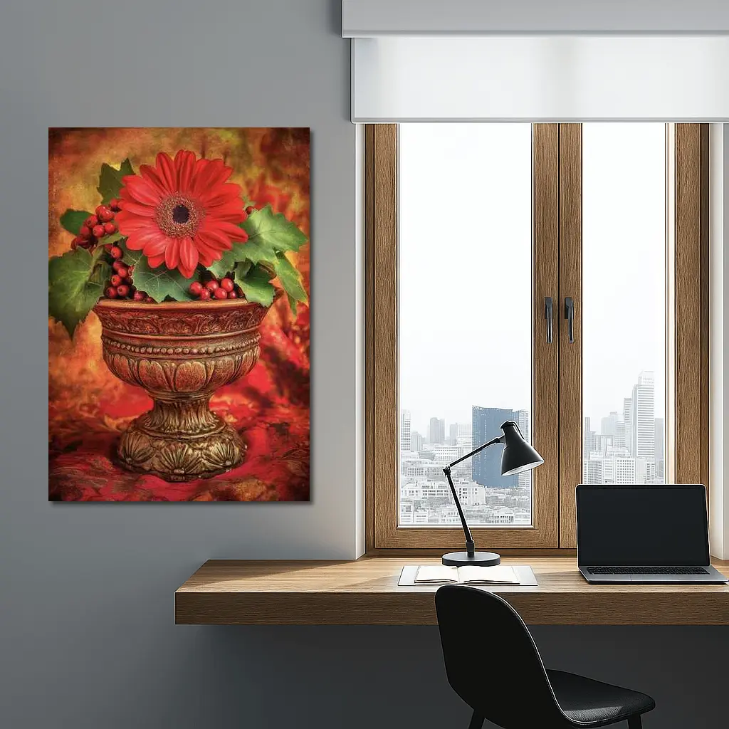 Red Gerbera Daisy Holly Berry Ornate Vase – Wall Art