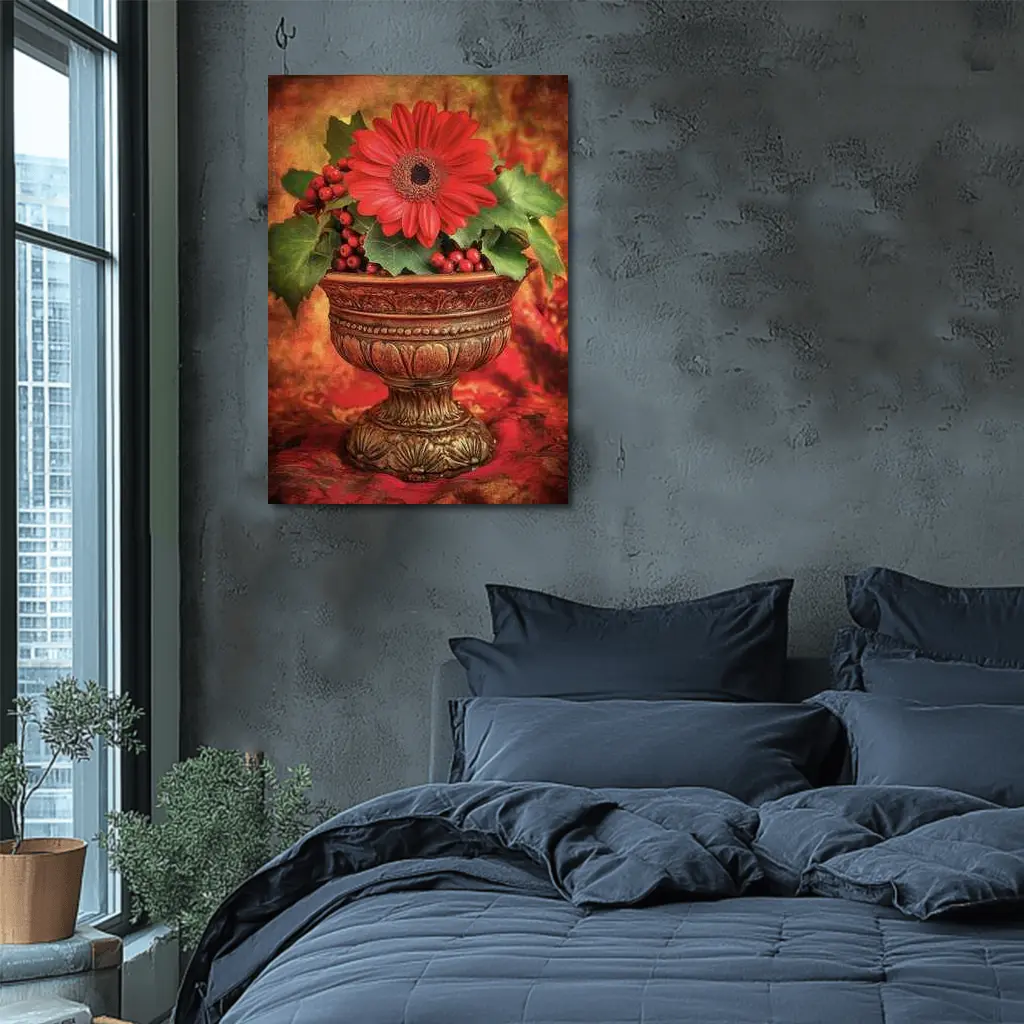 Red Gerbera Daisy Holly Berry Ornate Vase – Wall Art