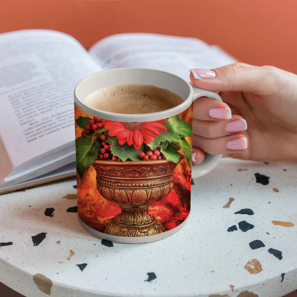 Red Gerbera Daisy Holly Berry Ornate Vase – Mugs
