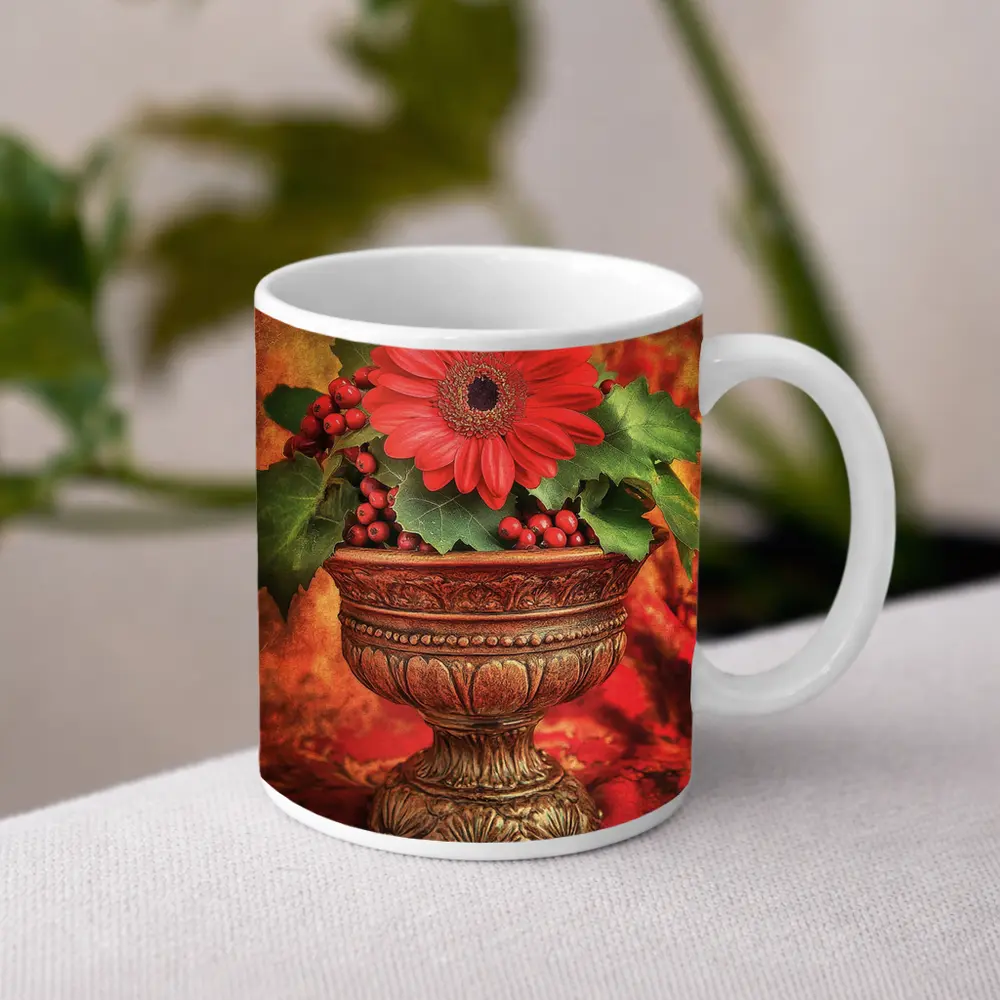 Red Gerbera Daisy Holly Berry Ornate Vase – Mugs