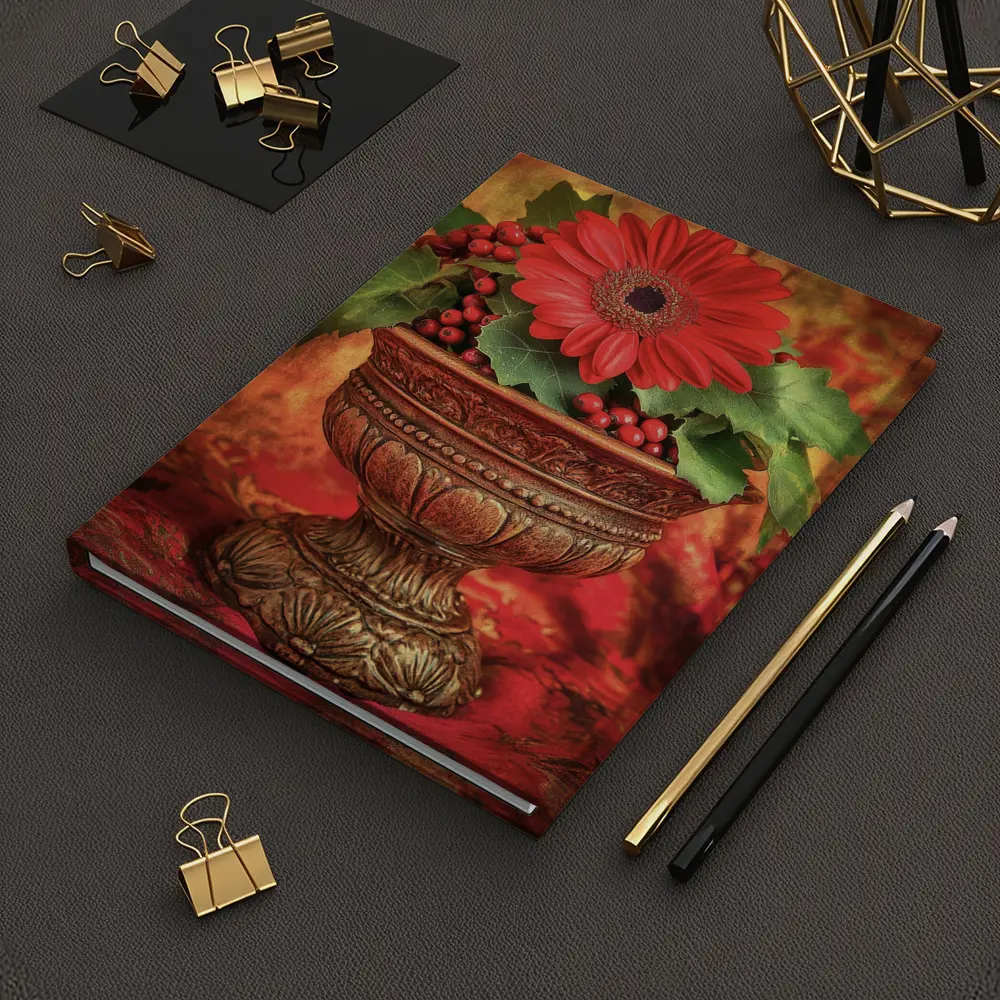Red Gerbera Daisy Holly Berry Ornate Vase – Notebooks