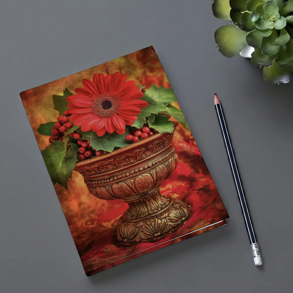 Red Gerbera Daisy Holly Berry Ornate Vase – Notebooks