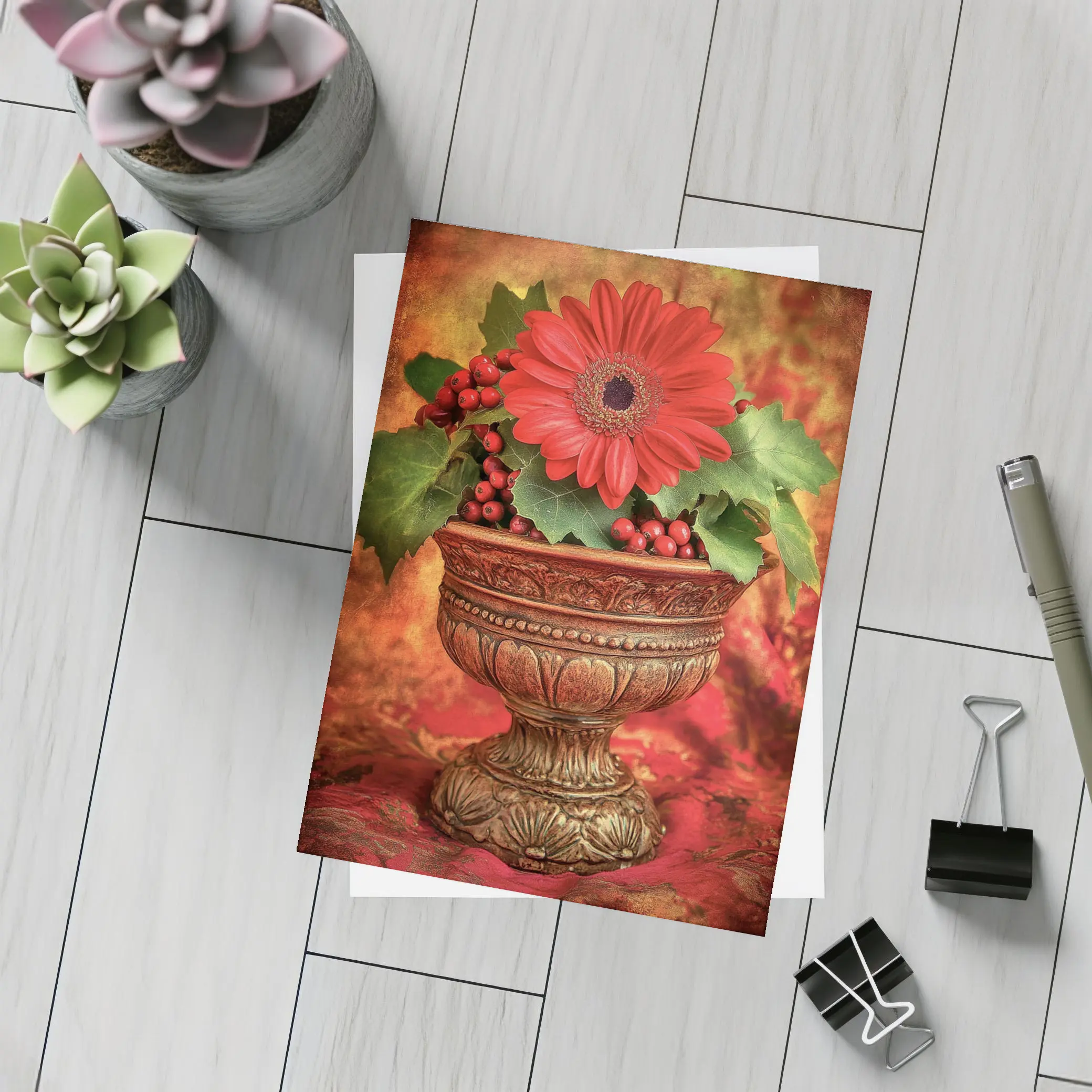 Red Gerbera Daisy Holly Berry Ornate Vase – Postcards