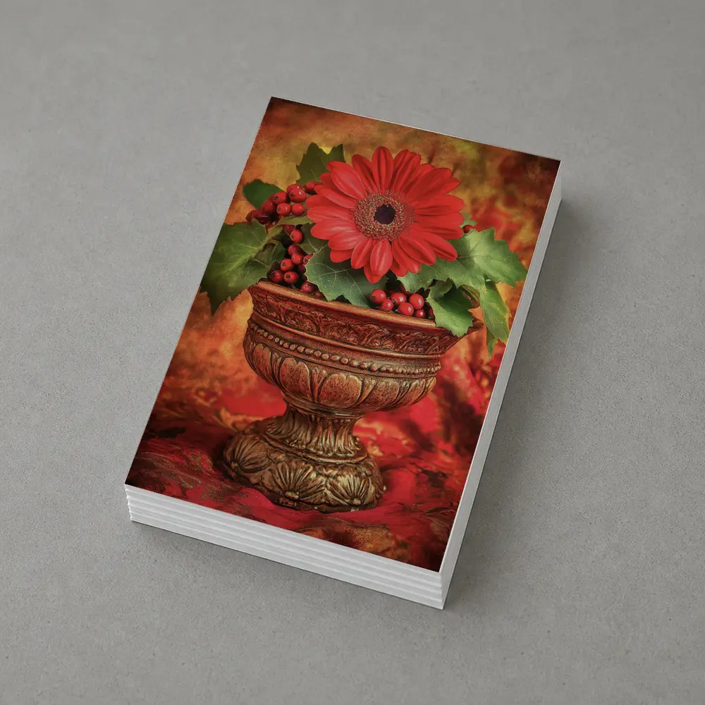 Red Gerbera Daisy Holly Berry Ornate Vase – Postcards