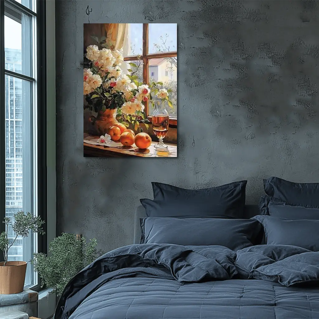 White Roses Oranges Wine Glass Window Still Life – Wall Art