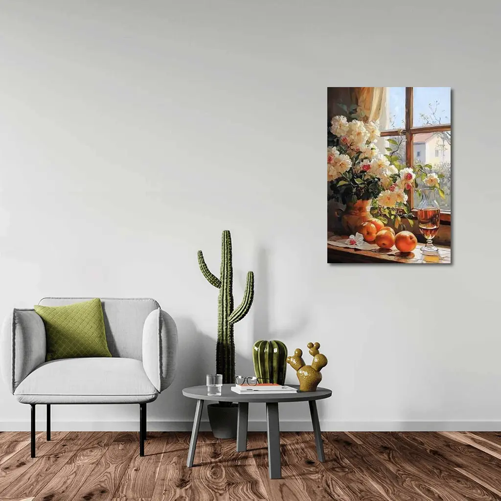 White Roses Oranges Wine Glass Window Still Life – Wall Art