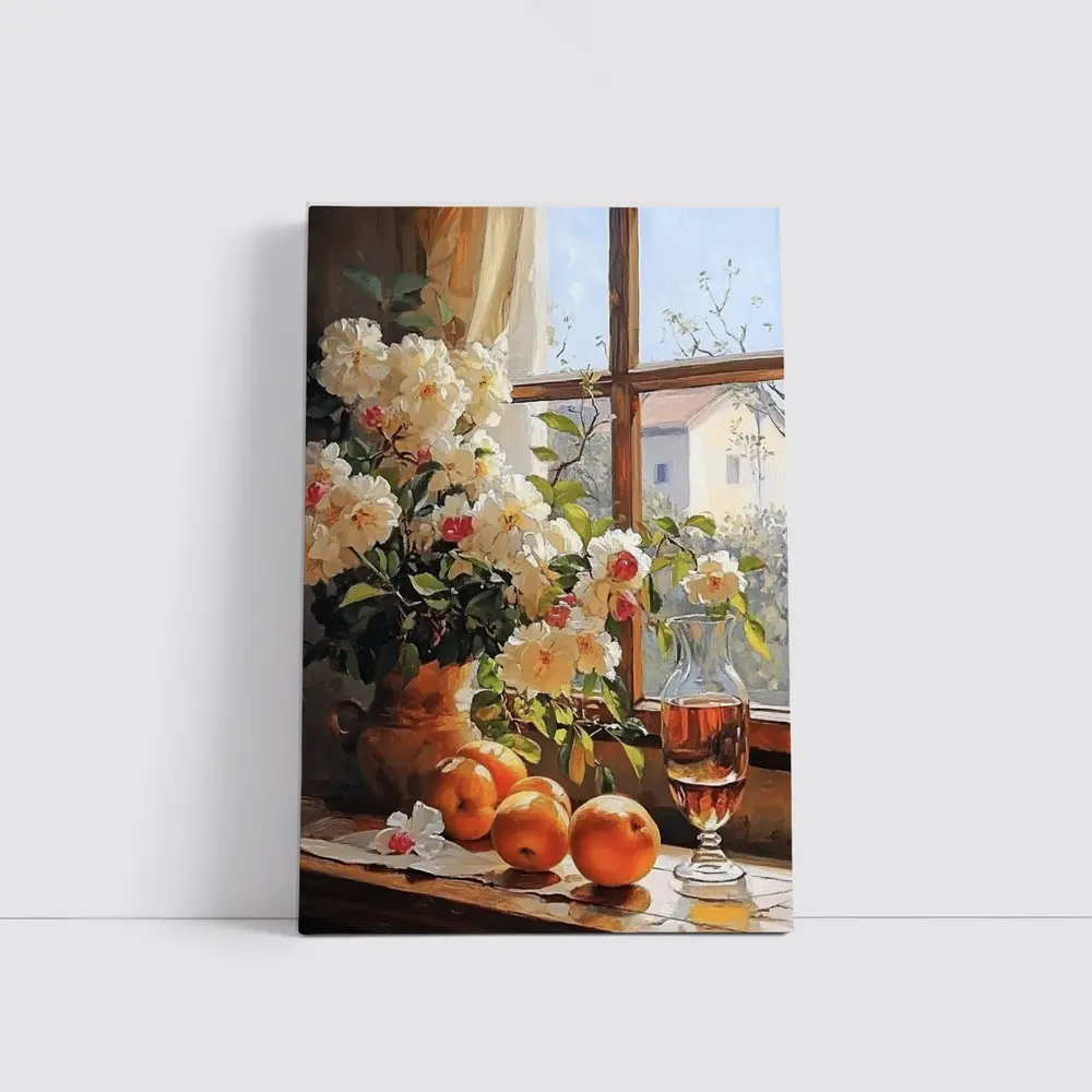 White Roses Oranges Wine Glass Window Still Life – Wall Art