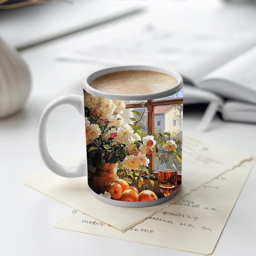 White Roses Oranges Wine Glass Window Still Life – Mugs
