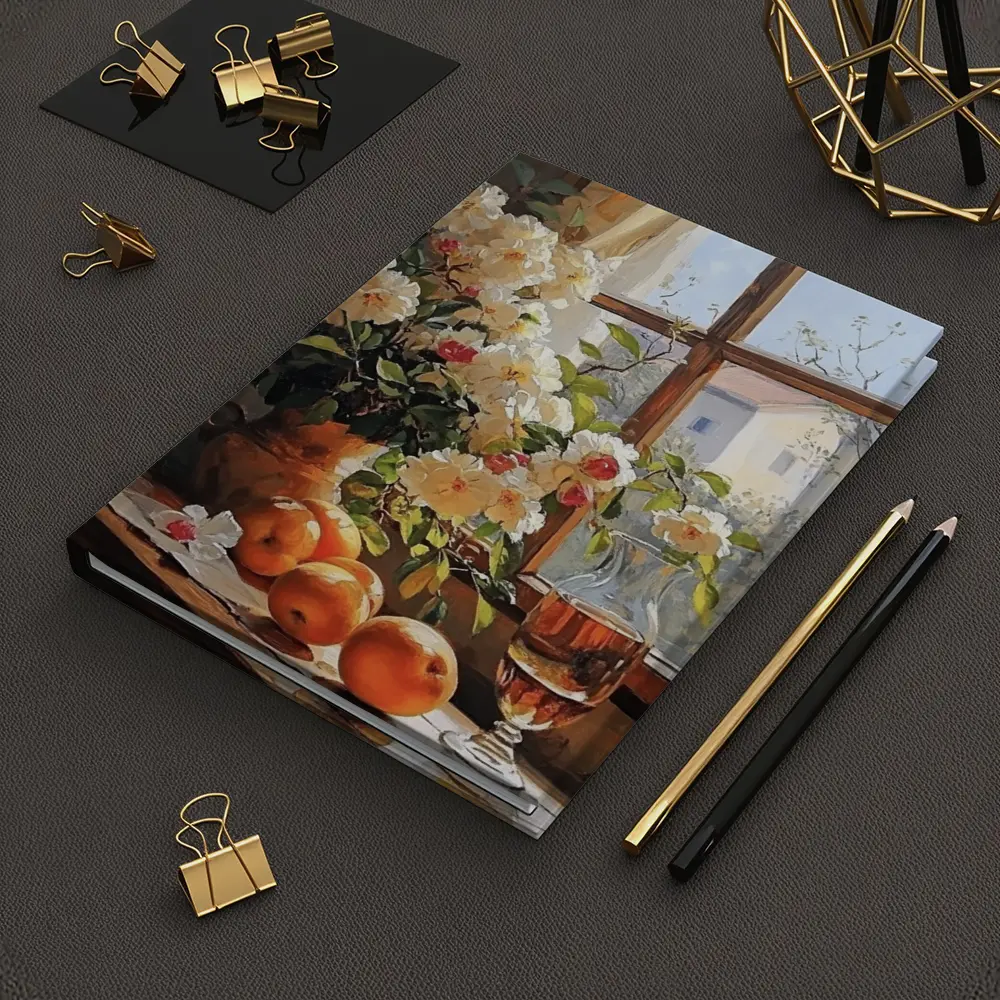 White Roses Oranges Wine Glass Window Still Life – Notebooks