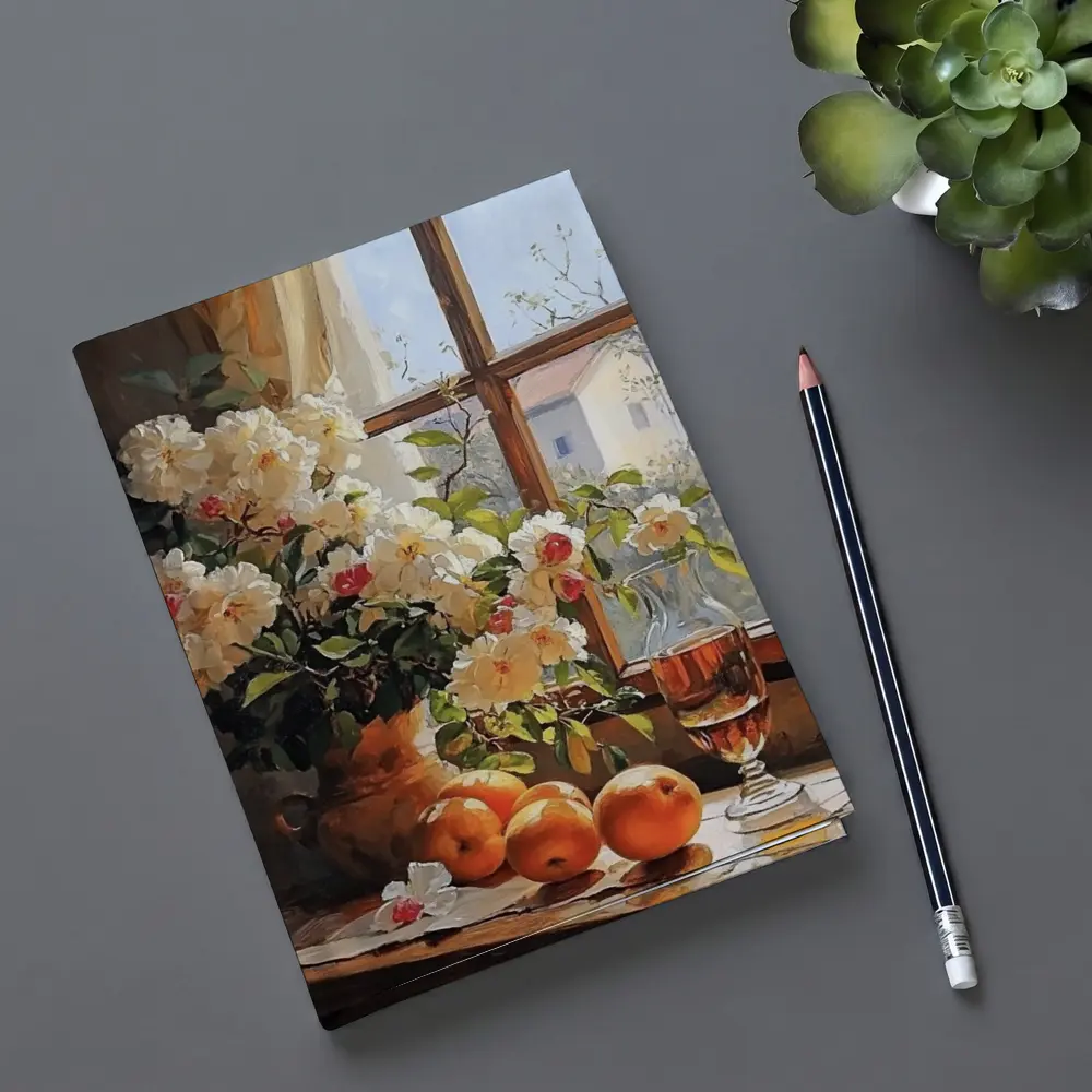 White Roses Oranges Wine Glass Window Still Life – Notebooks