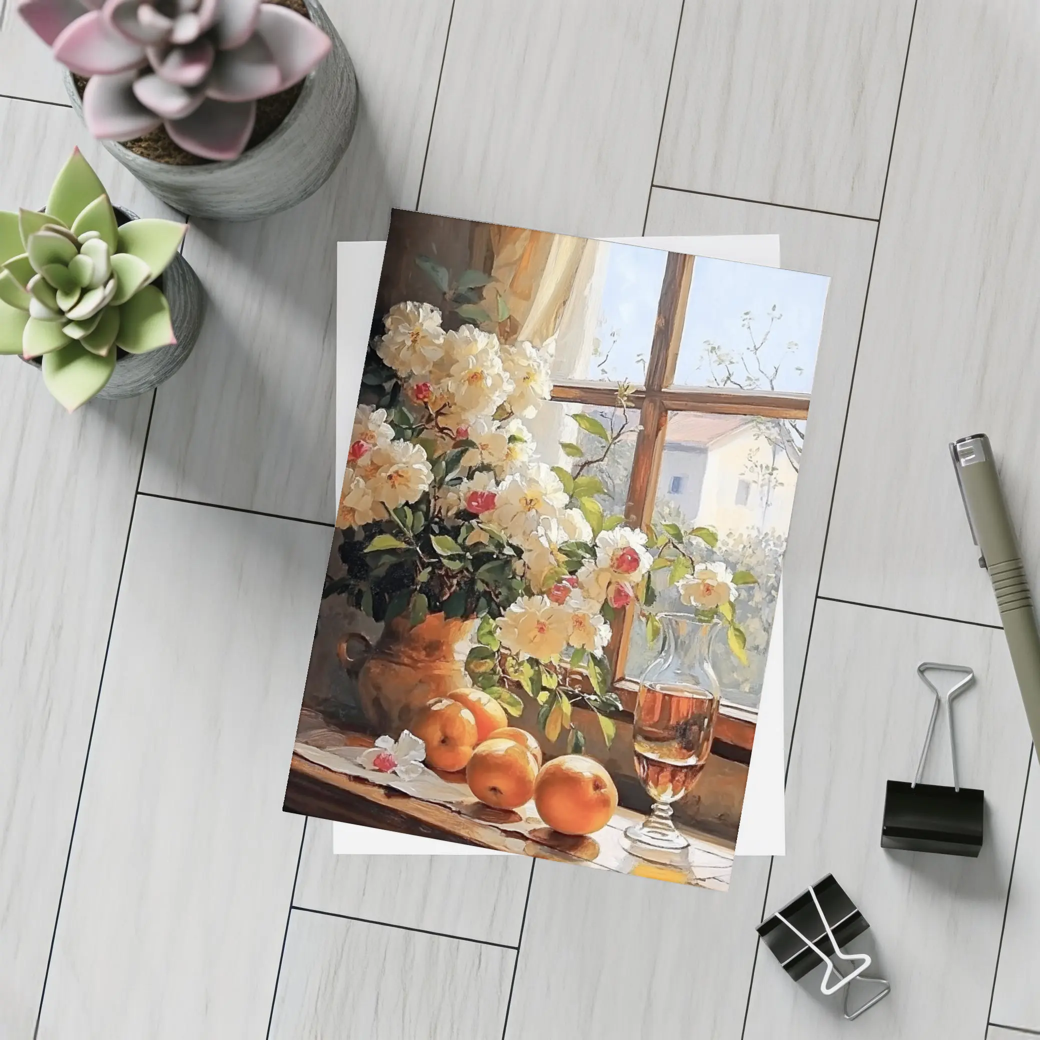 White Roses Oranges Wine Glass Window Still Life – Postcards