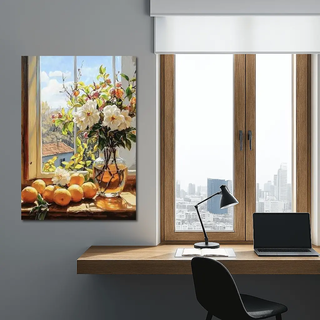White Flowers Oranges Sunny Window Still Life – Wall Art