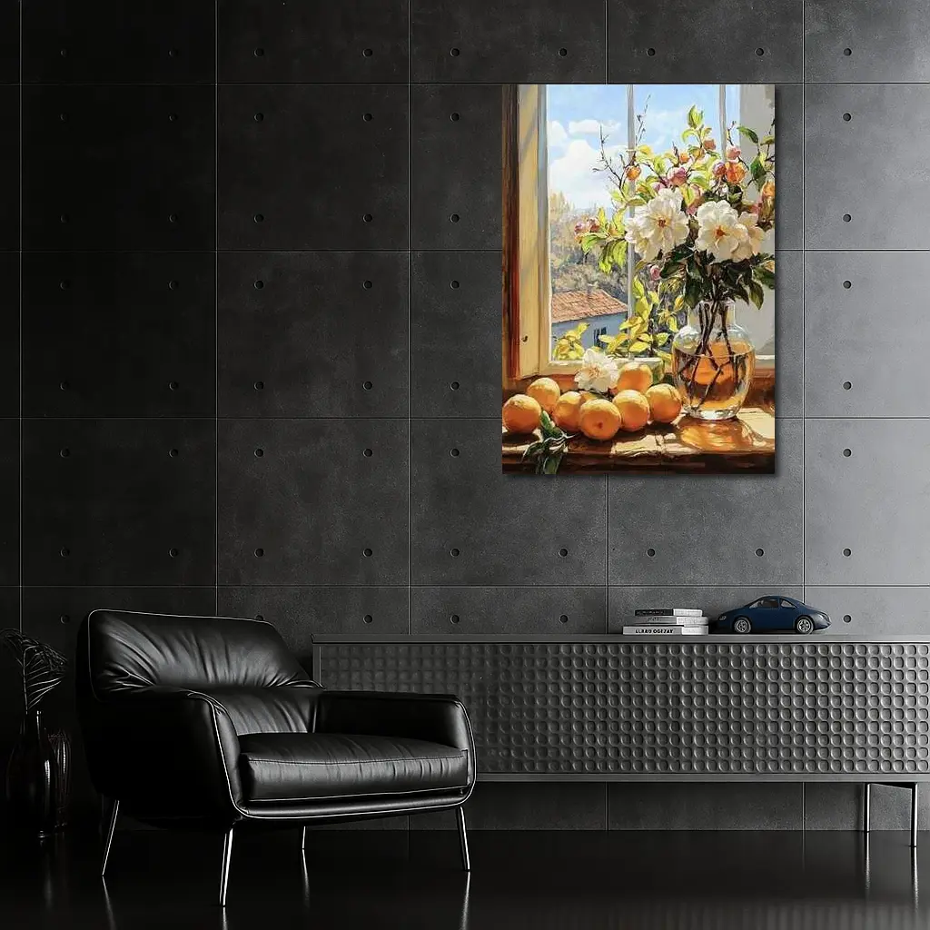 White Flowers Oranges Sunny Window Still Life – Wall Art