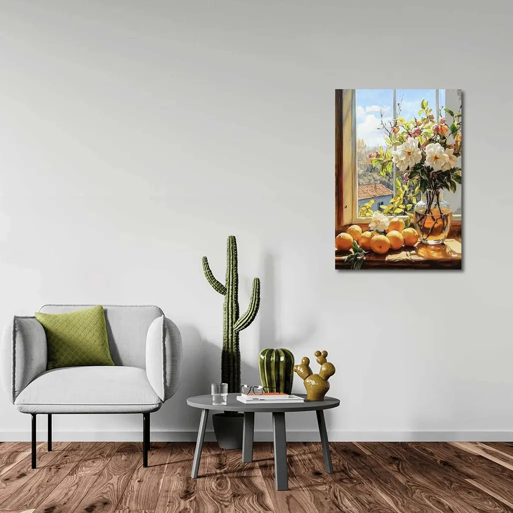 White Flowers Oranges Sunny Window Still Life – Wall Art