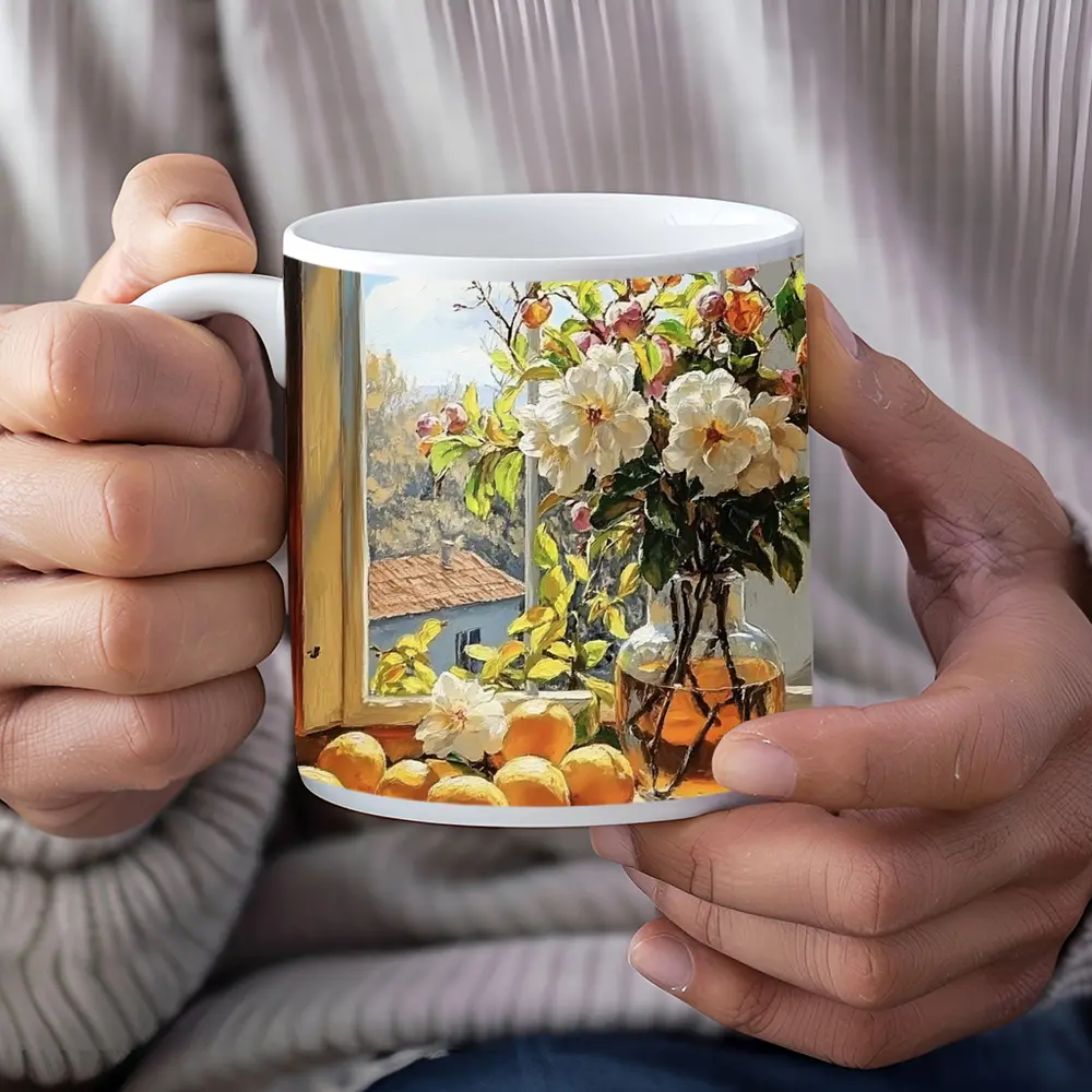 White Flowers Oranges Sunny Window Still Life – Mugs