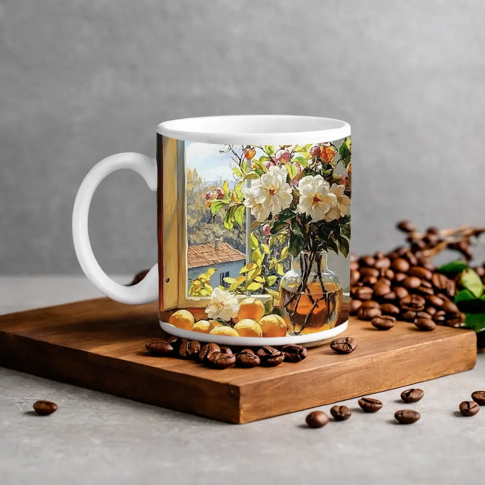 White Flowers Oranges Sunny Window Still Life – Mugs