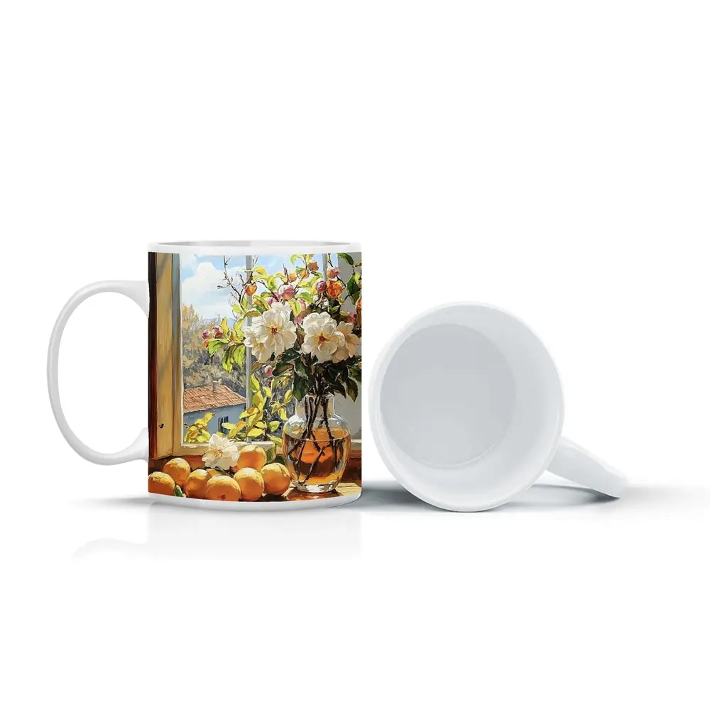 White Flowers Oranges Sunny Window Still Life – Mugs
