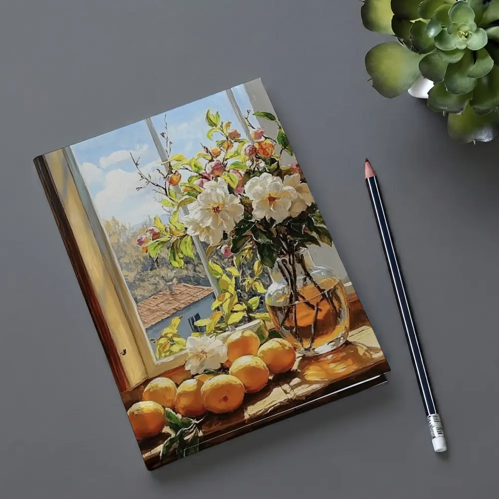 White Flowers Oranges Sunny Window Still Life – Notebooks