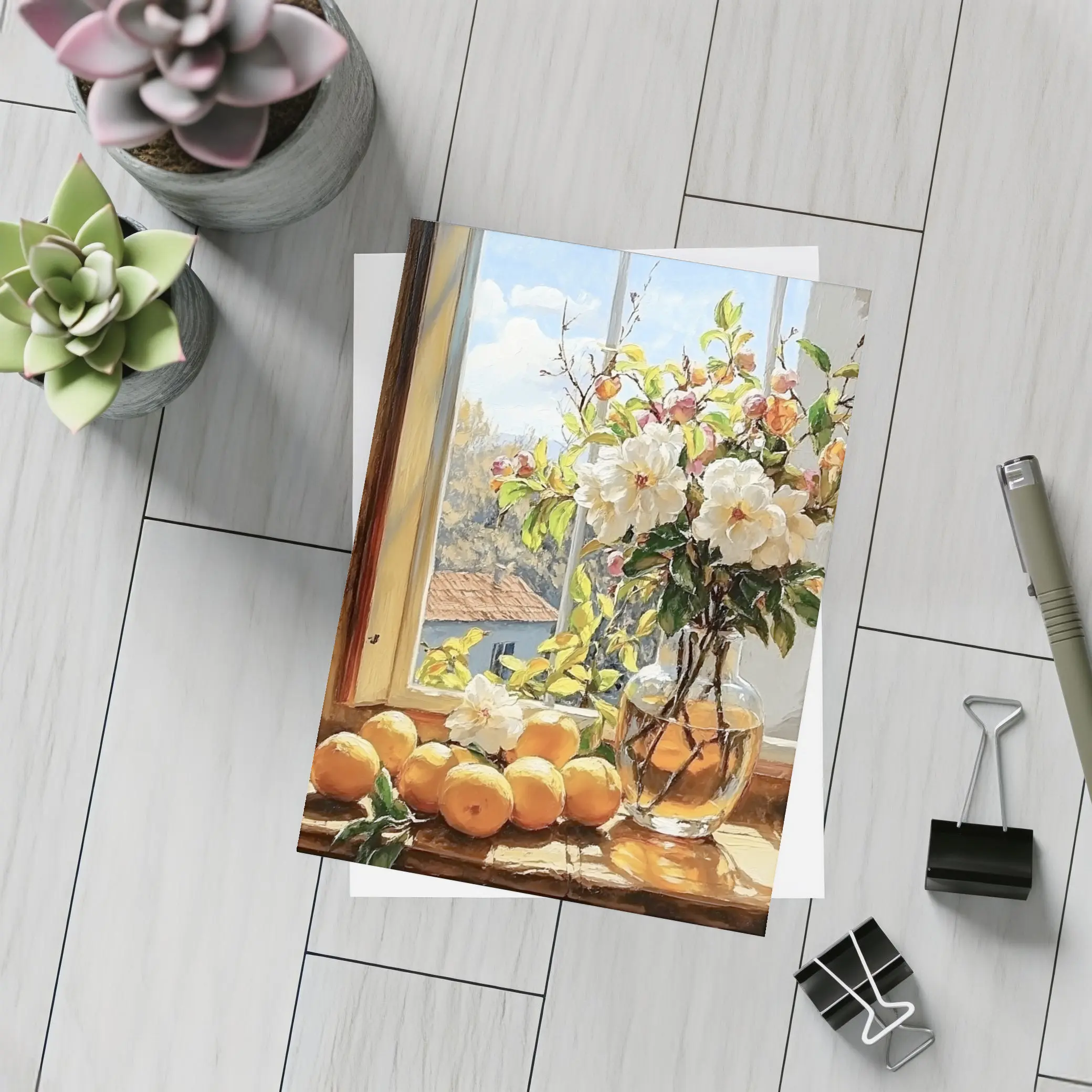 White Flowers Oranges Sunny Window Still Life – Postcards