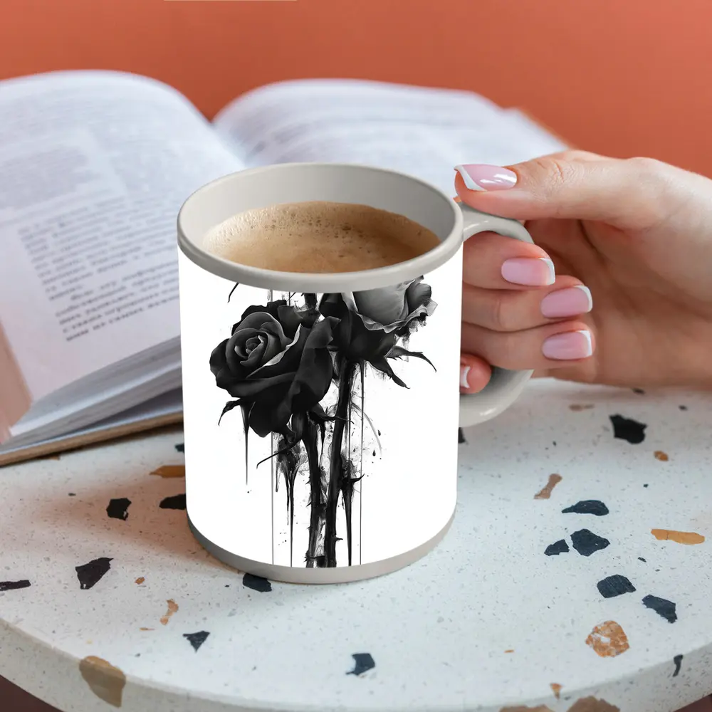 Black Ink Drip Roses Dark Floral Art – Mugs