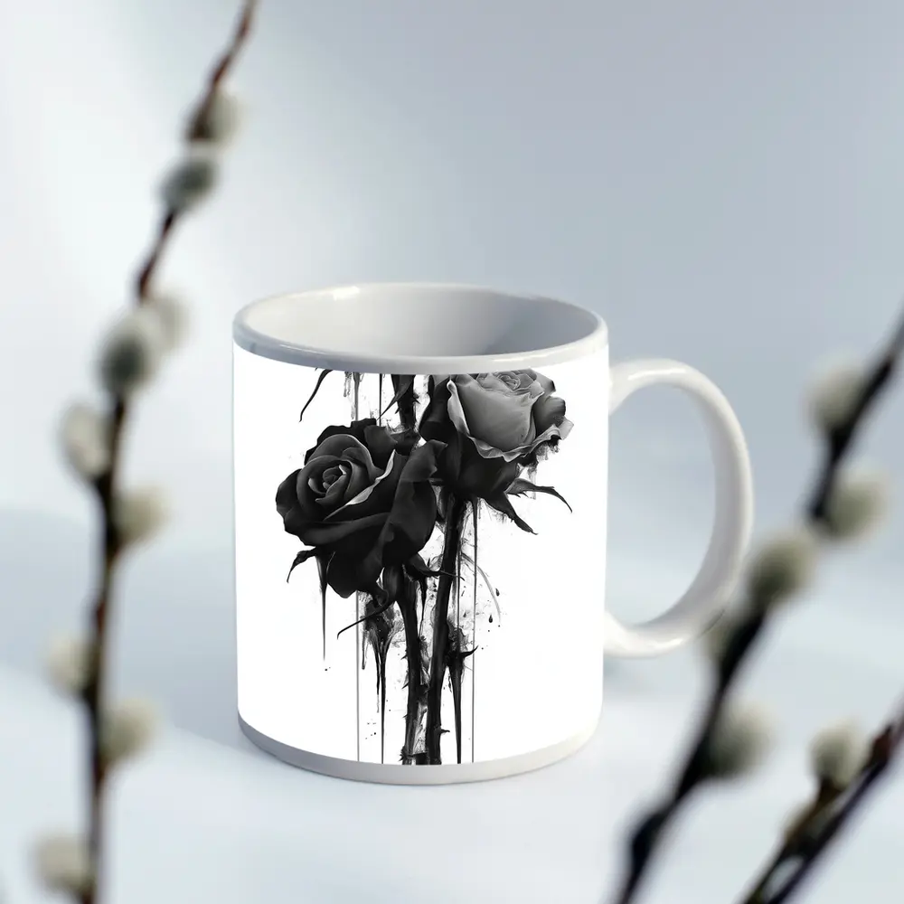 Black Ink Drip Roses Dark Floral Art – Mugs