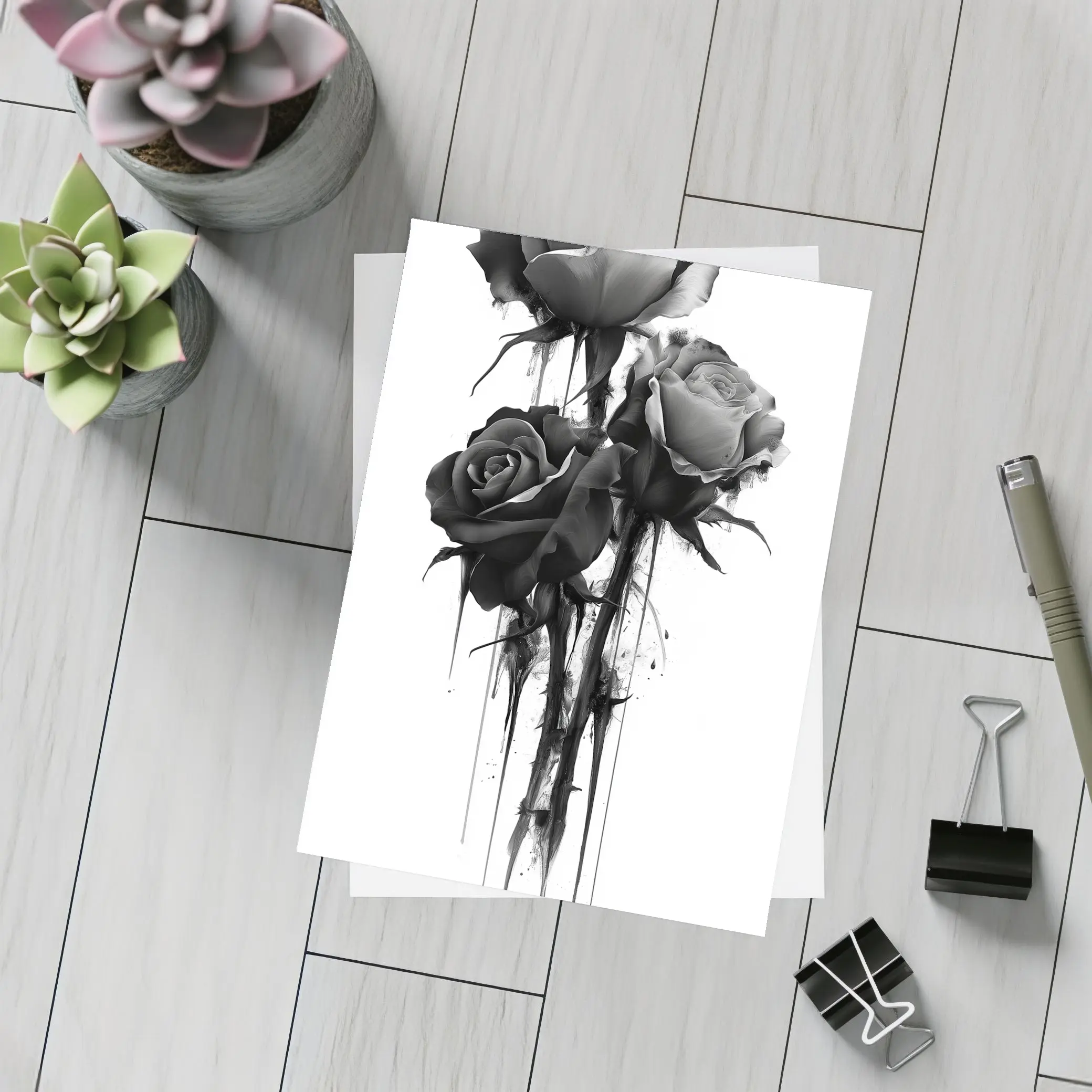 Black Ink Drip Roses Dark Floral Art – Postcards
