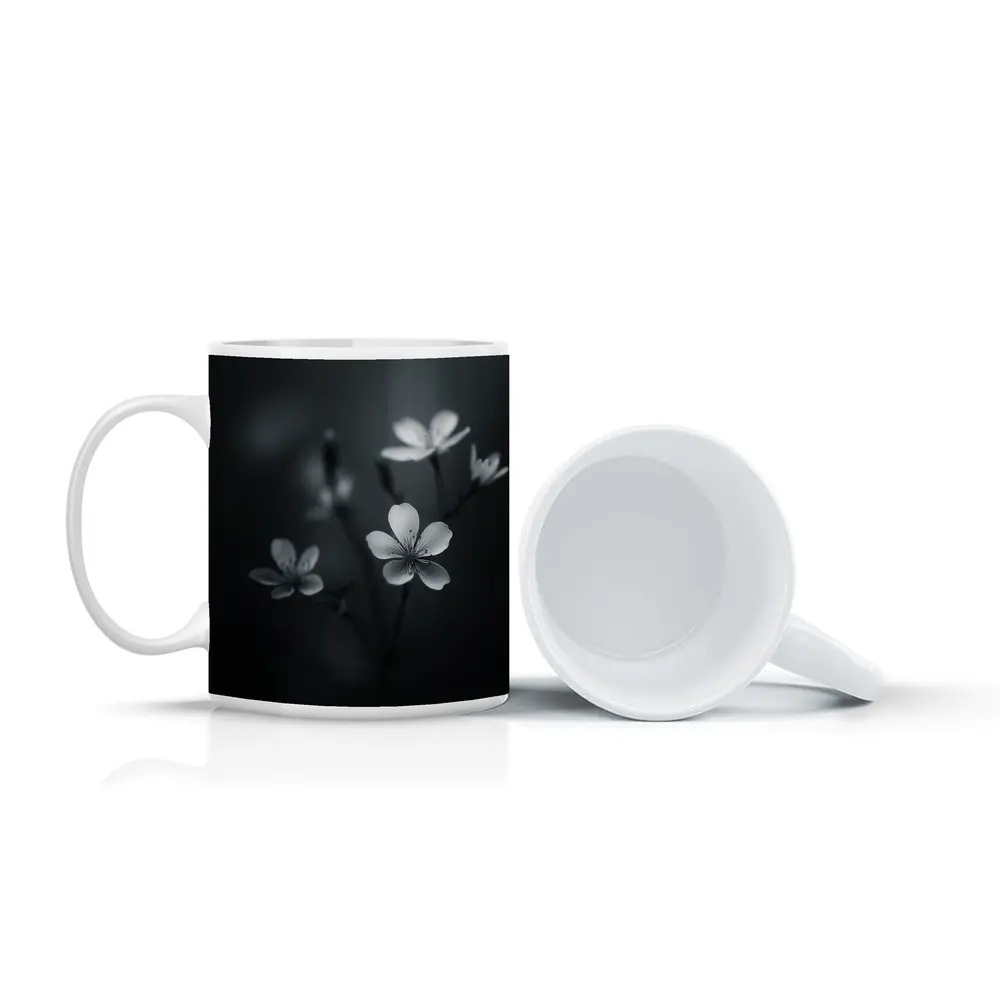 Dark Moody Black White Wildflowers Close Up – Mugs