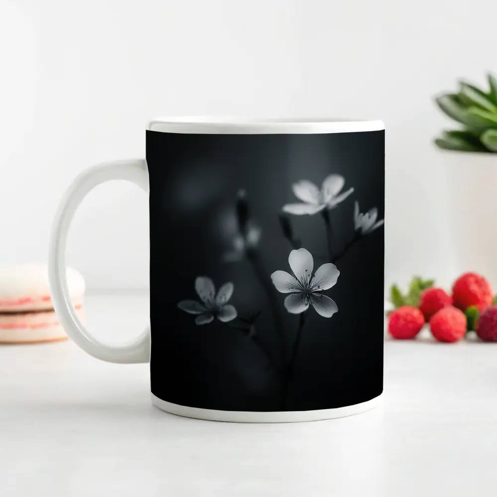 Dark Moody Black White Wildflowers Close Up – Mugs