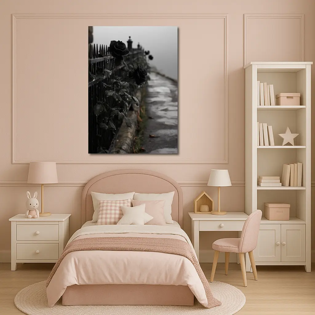 Black Roses on Iron Fence Foggy Street – Wall Art