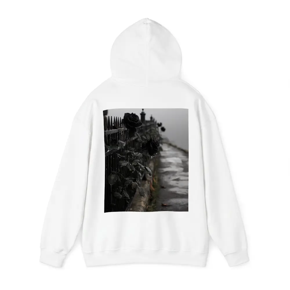 Black Roses on Iron Fence Foggy Street – Hoodies