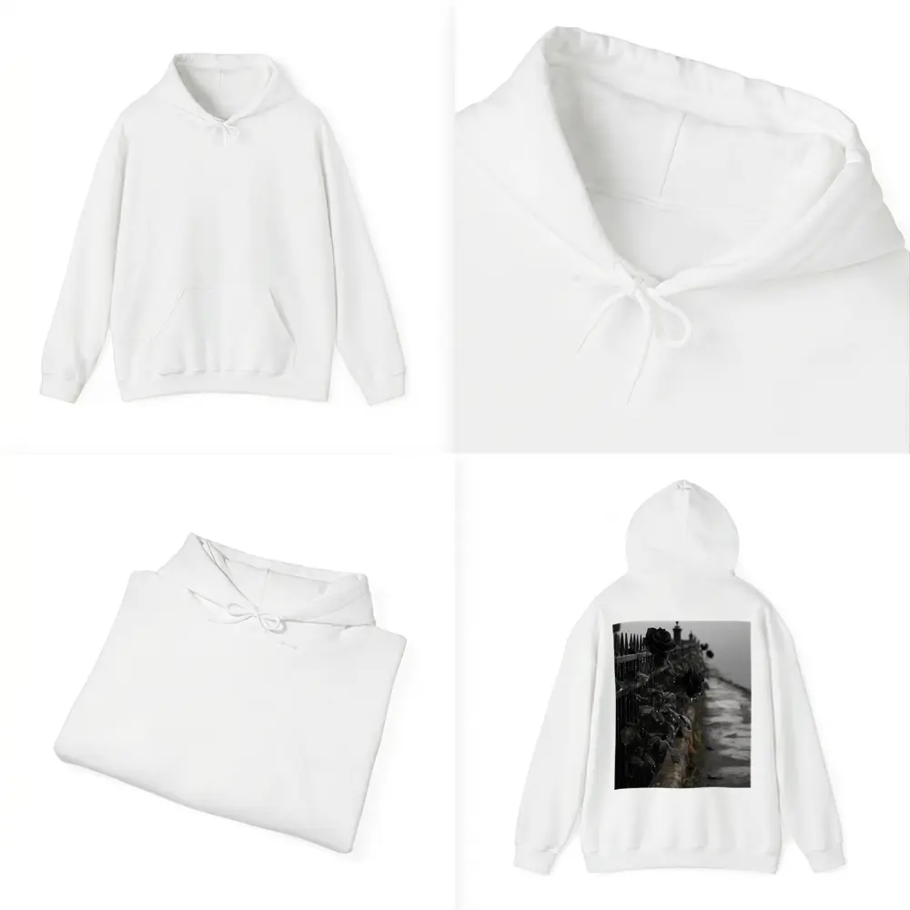 Black Roses on Iron Fence Foggy Street – Hoodies