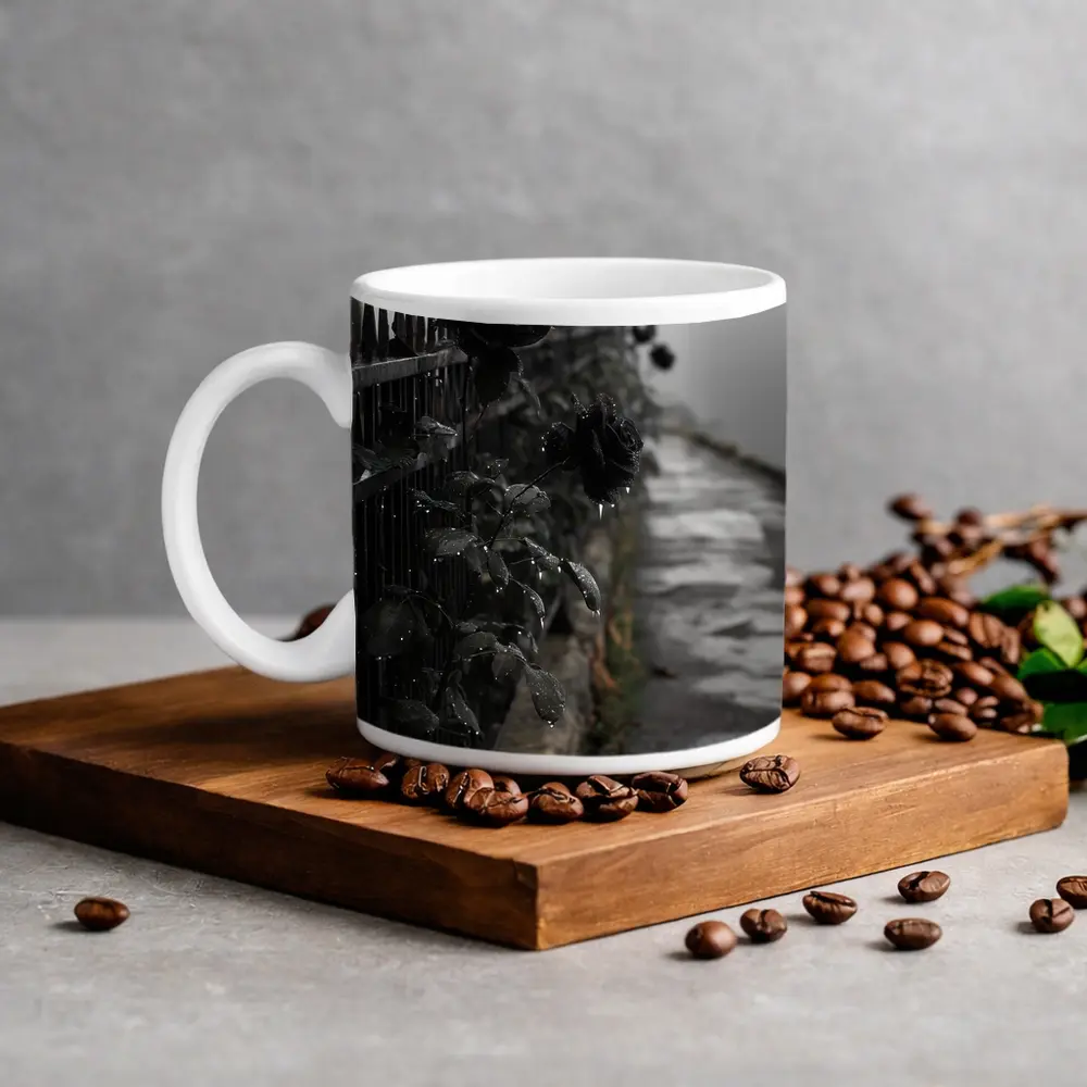 Black Roses on Iron Fence Foggy Street – Mugs
