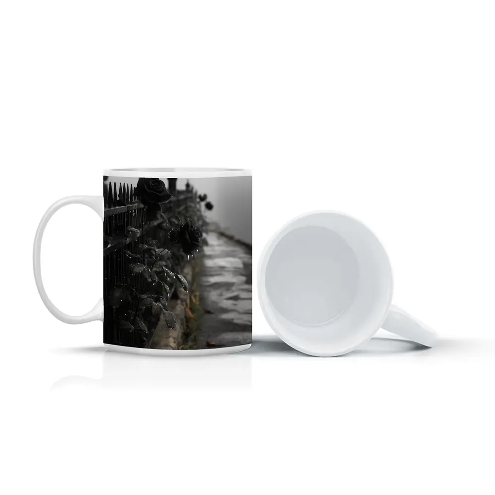 Black Roses on Iron Fence Foggy Street – Mugs
