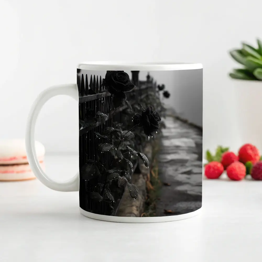 Black Roses on Iron Fence Foggy Street – Mugs