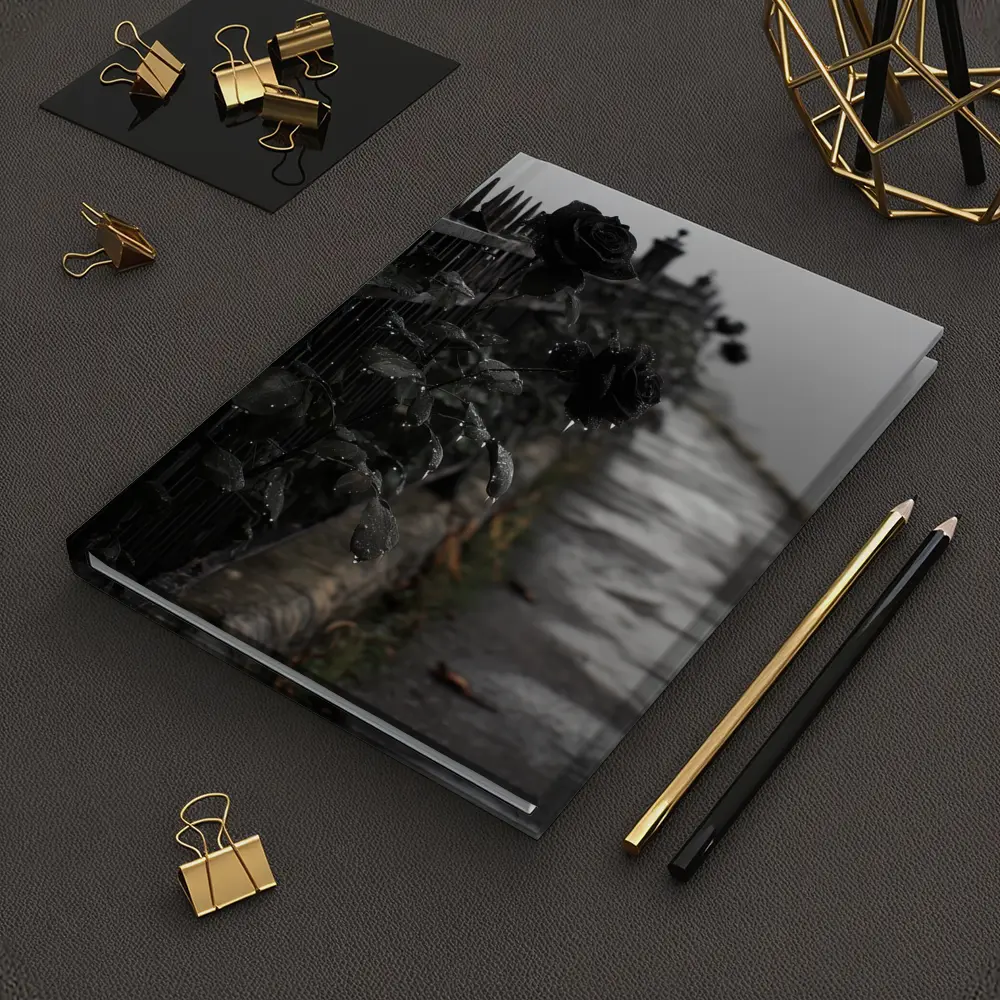 Black Roses on Iron Fence Foggy Street – Notebooks
