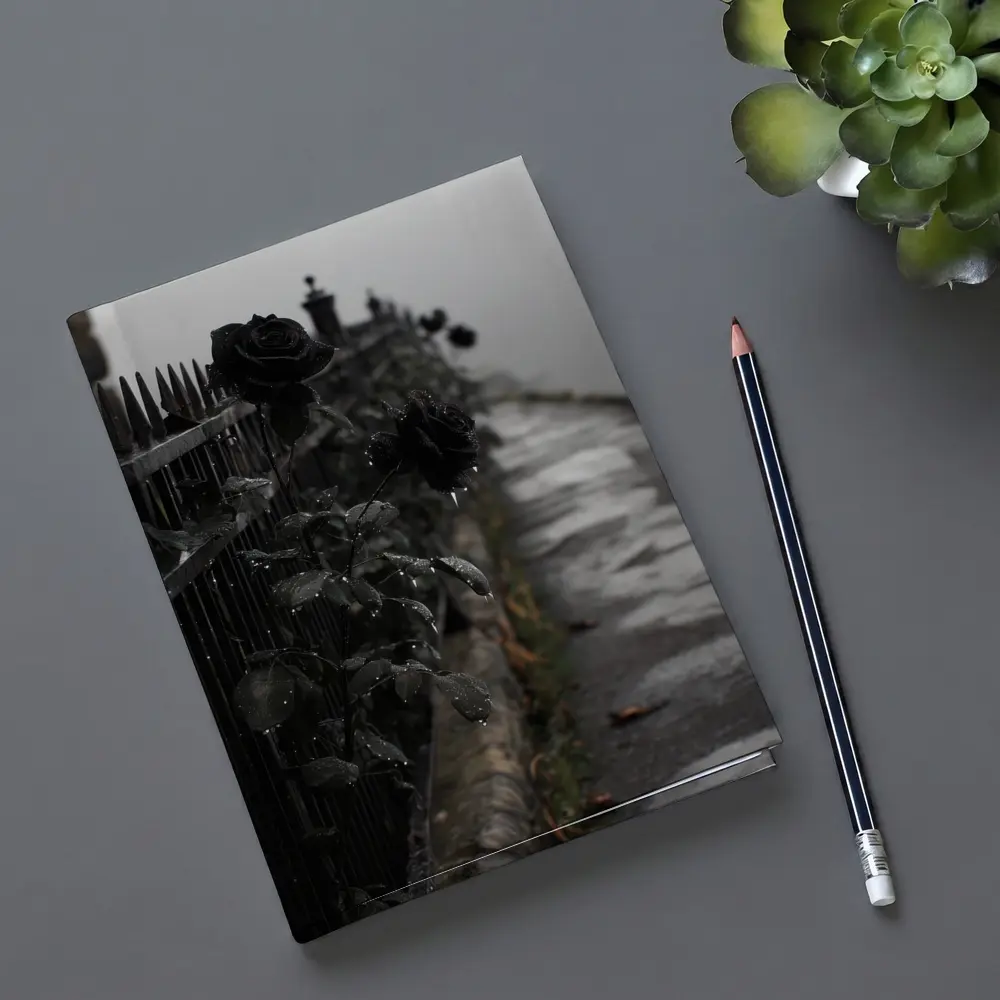 Black Roses on Iron Fence Foggy Street – Notebooks