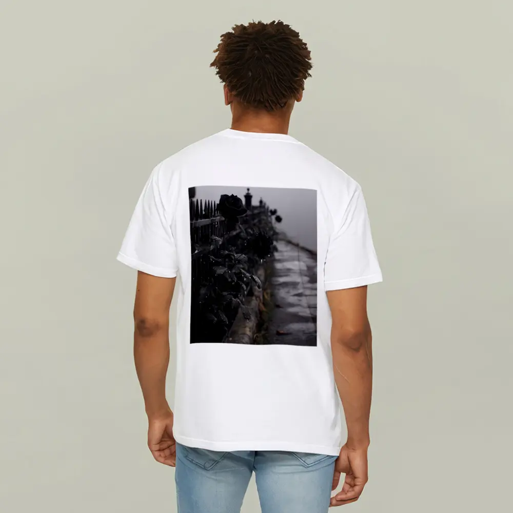 Black Roses on Iron Fence Foggy Street – T-Shirts