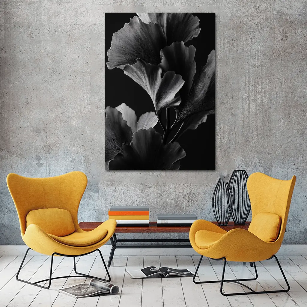 Ginkgo Leaves Black and White Dark Background – Wall Art