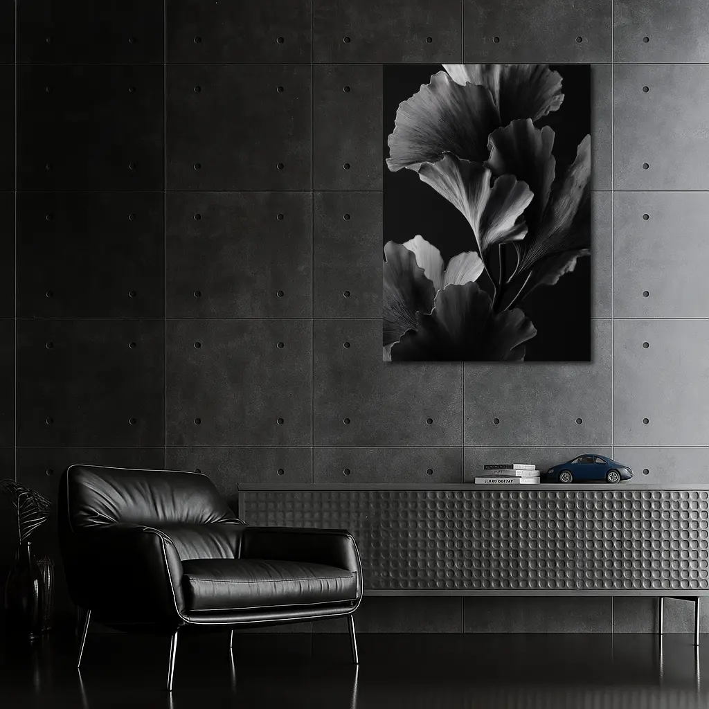 Ginkgo Leaves Black and White Dark Background – Wall Art