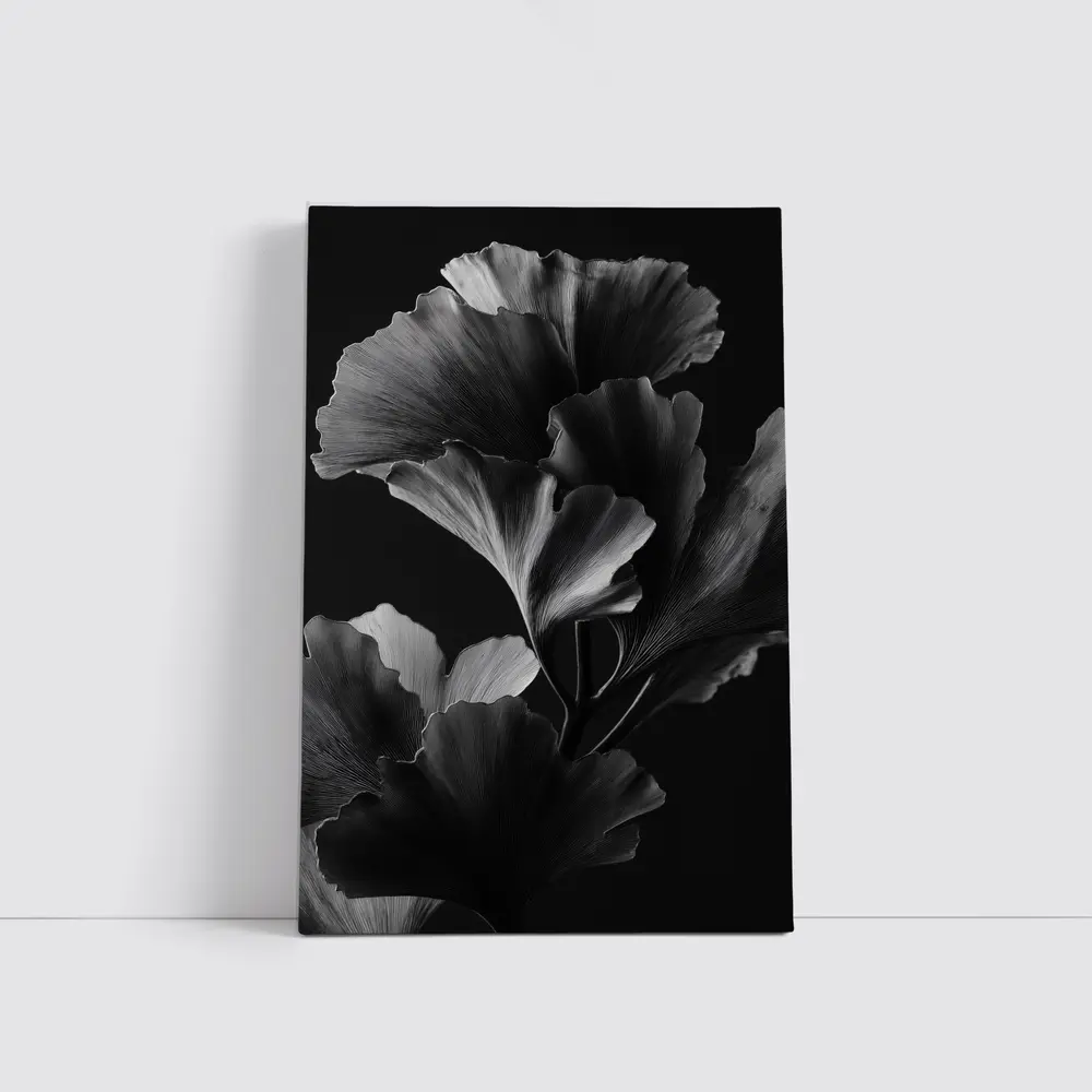 Ginkgo Leaves Black and White Dark Background – Wall Art