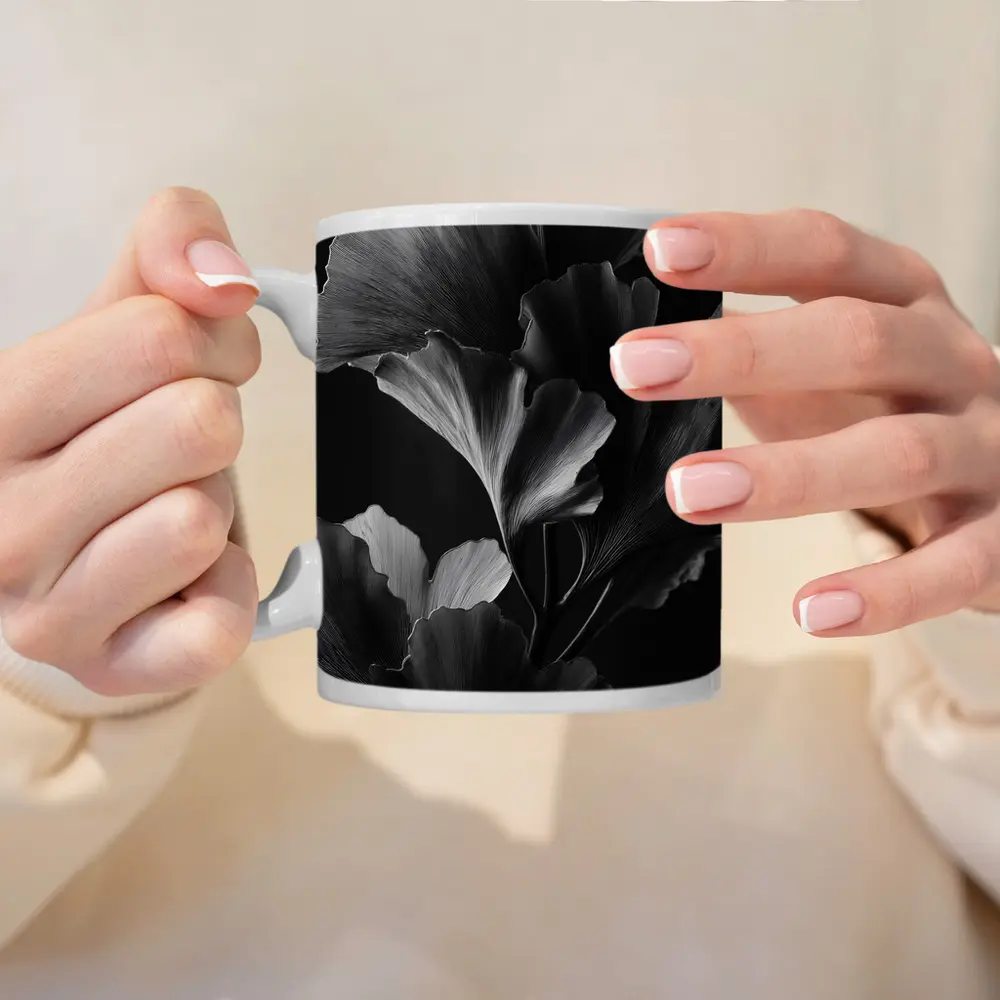 Ginkgo Leaves Black and White Dark Background – Mugs