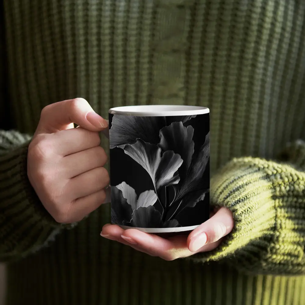Ginkgo Leaves Black and White Dark Background – Mugs