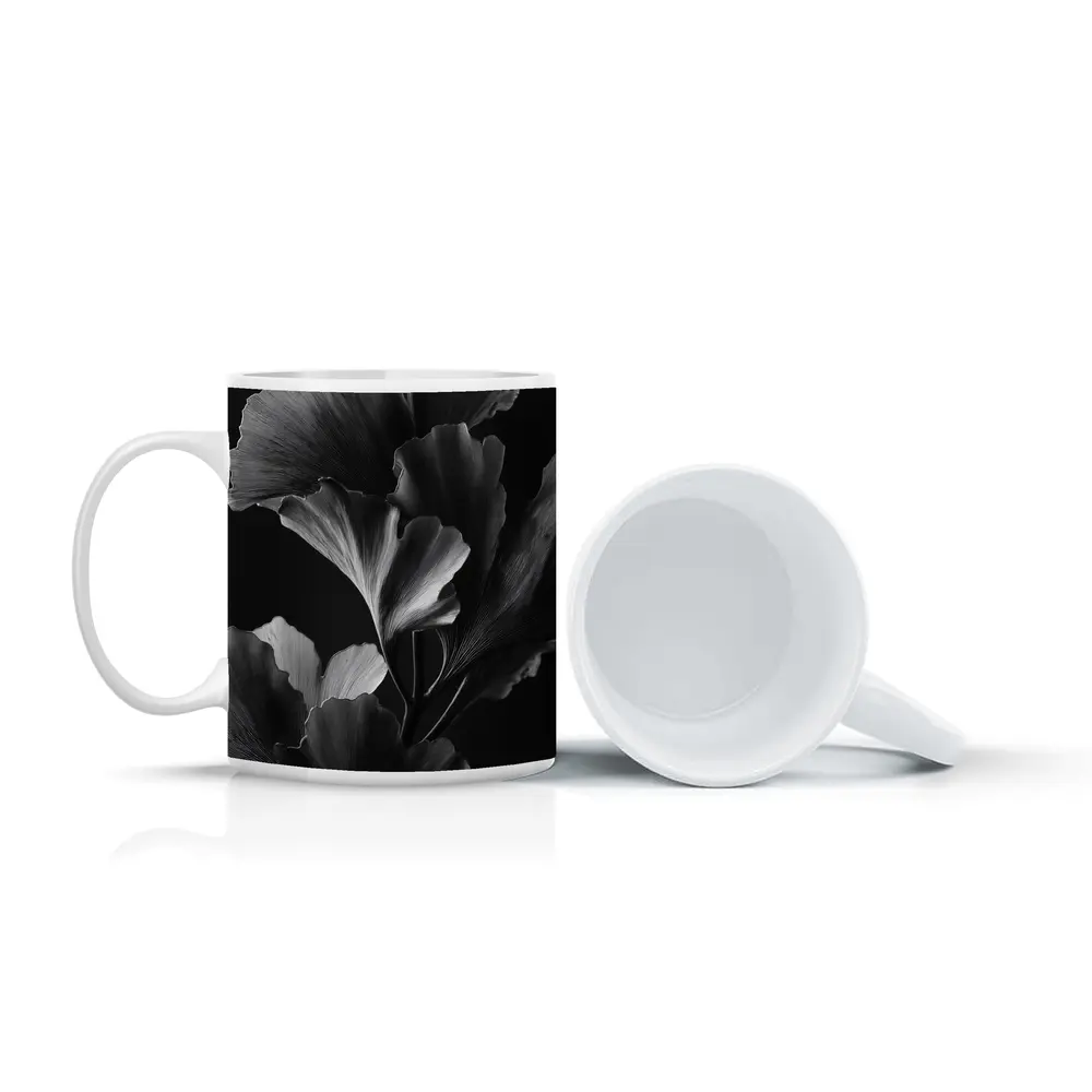 Ginkgo Leaves Black and White Dark Background – Mugs
