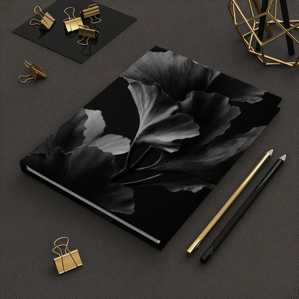 Ginkgo Leaves Black and White Dark Background – Notebooks