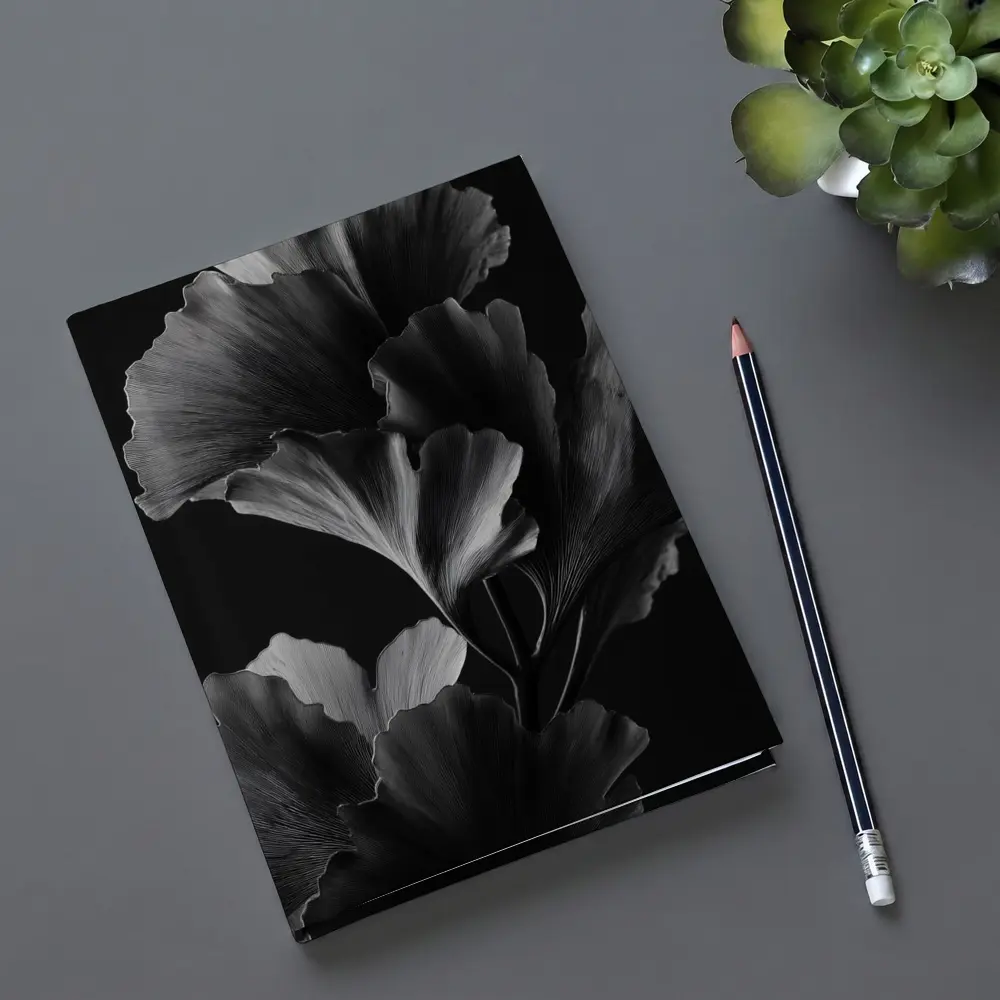 Ginkgo Leaves Black and White Dark Background – Notebooks