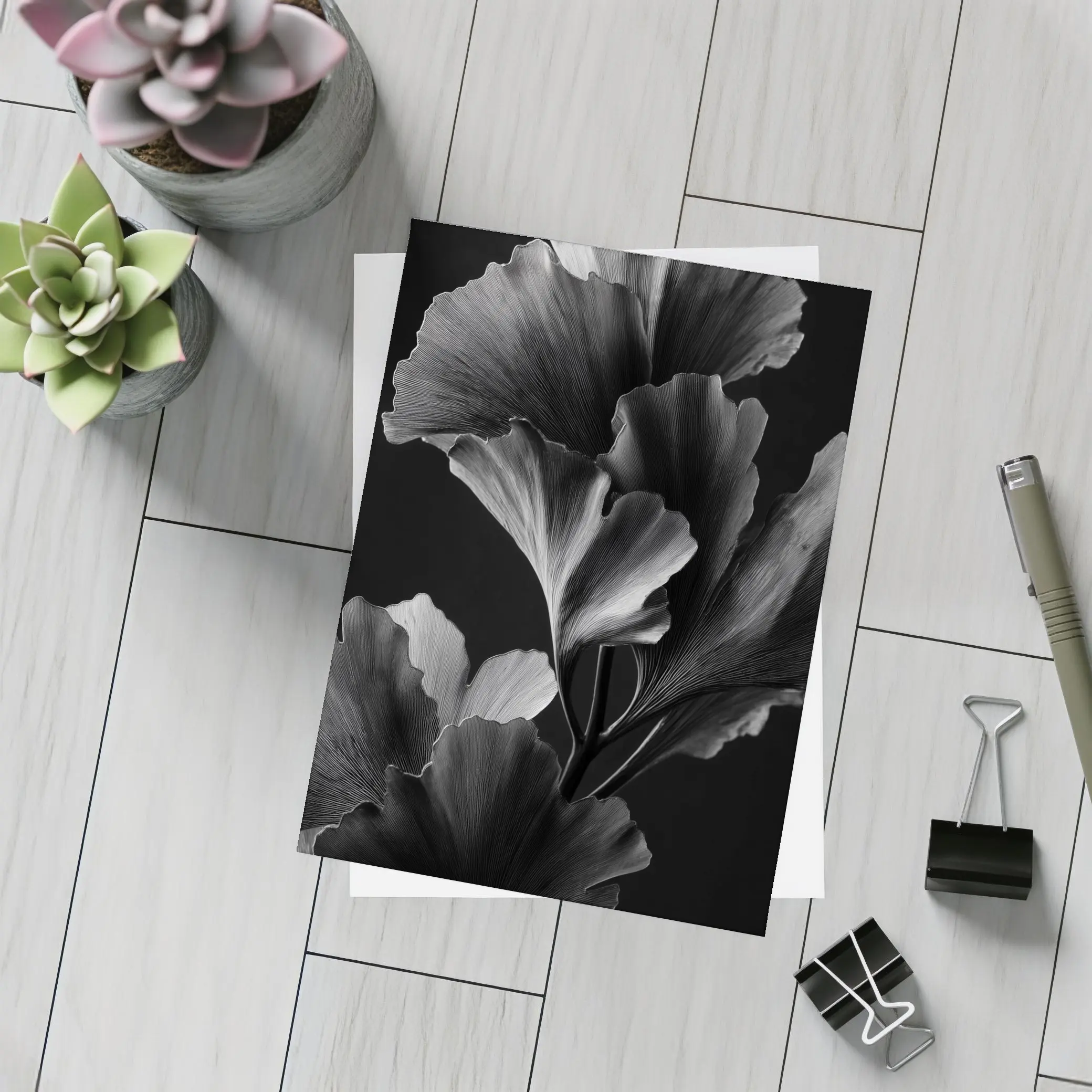 Ginkgo Leaves Black and White Dark Background – Postcards
