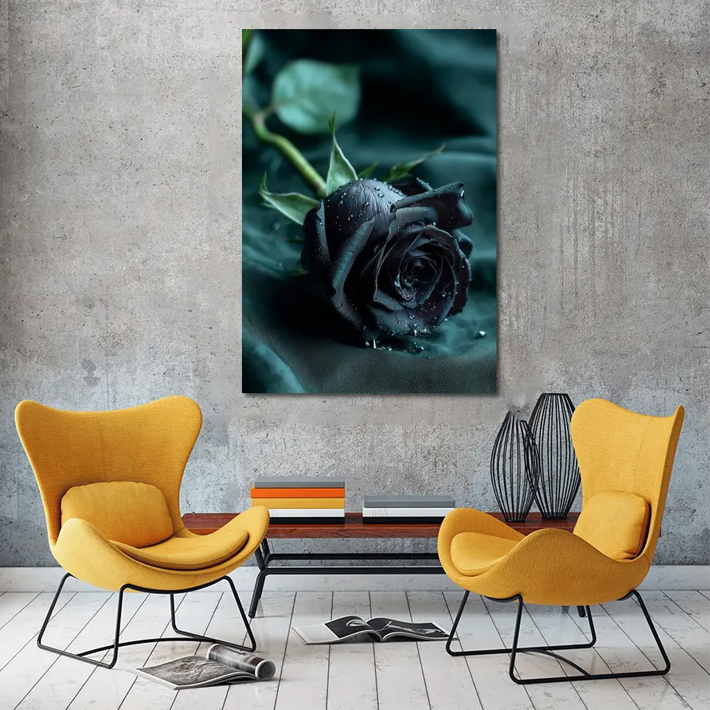 Black Rose With Dewdrops On Dark Fabric – Wall Art